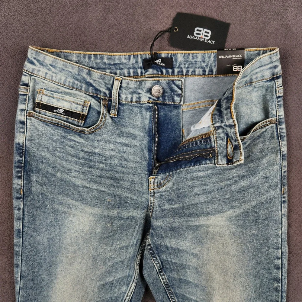 Benjamin Black Slim Fit Jeans Mens 32x32 Blue Faded Acid Wash Stretch Denim NEW‎